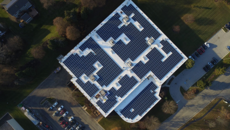 Aerial view of solar panels on the roof of Simmons’ headquarters