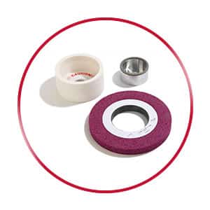 Conventional, Ceramic, and Borazon grinding wheels grouped together in a red circle.