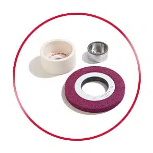 Conventional, Ceramic, and Borazon grinding wheels grouped together in a red circle.