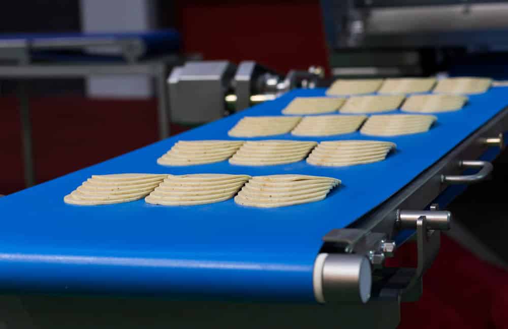 Sliced ham on conveyor belt of Grote slicer