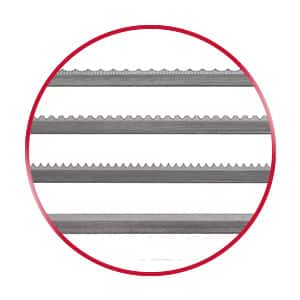 Four CNC blades with different edge types in a red circle